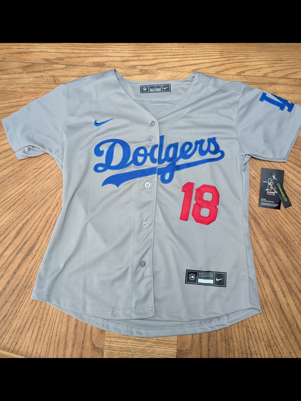 Nike Gray Dodgers Button Up Baseball Jersey with Blue Script and Red Number Yama